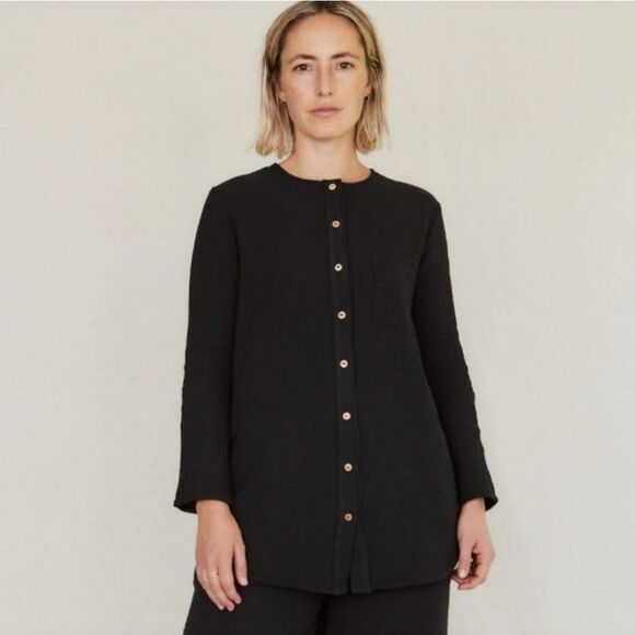 SISTER KATIE Sally black‎ charcoal gauzy long sleeve button up tunic top M - Picture 1 of 9